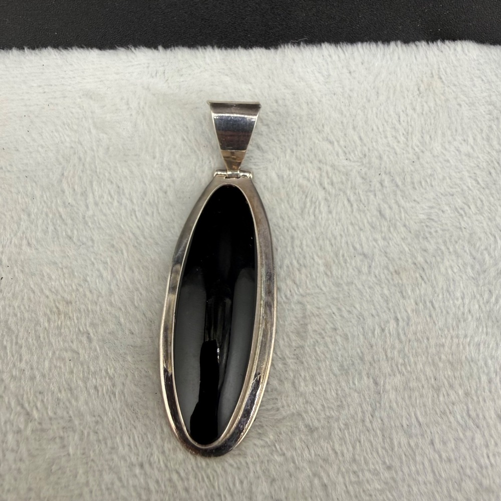 Vintage MWS Sterling Silver Pendant Black Polished Stone